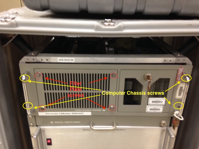 Version 2 AERI Computer Chassis with filter plate and chassis screws identified.