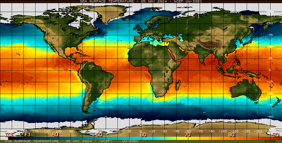 Temperatura actual del agua de mares y océanos del mundo