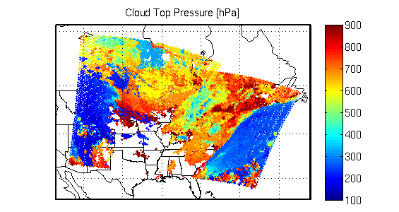 Cloud top pressures retrieved from Direct Broadcast CrIS radiances on 28 November 2012, 06:46 to 08:33 UTC.