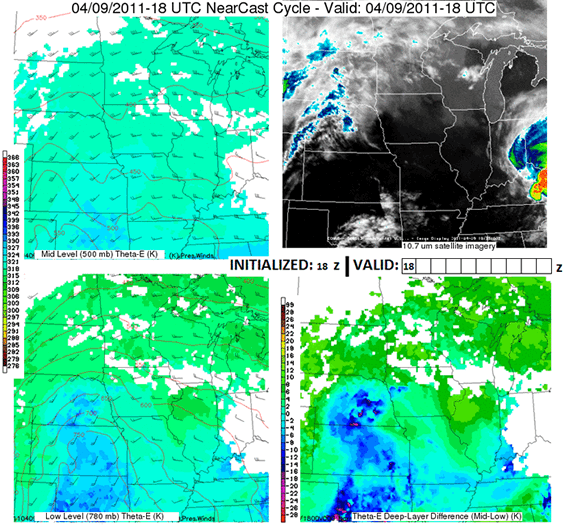 Animation of the nine hour isentropic NearCast model cycle initialized at 1800 UTC on 09 April 2011 with satellite imagery valid at the indicated forecast times. This cycle predicted a cool, dry air boundary at the upper level (low values of theta-e) to move over an ascending low-level temperature/moisture maximum (high values of theta-e) over eastern Nebraska and western Iowa between 2100 and 2300 UTC. This setup correlated to a rapid destabilization (theta-e difference values becoming more negative) of the deep layer. Satellite imagery confirms that strong convection began development in eastern Nebraska at about 2200 UTC, when/where the model had predicted a maximum in convective instability to be moving into several hours earlier.
