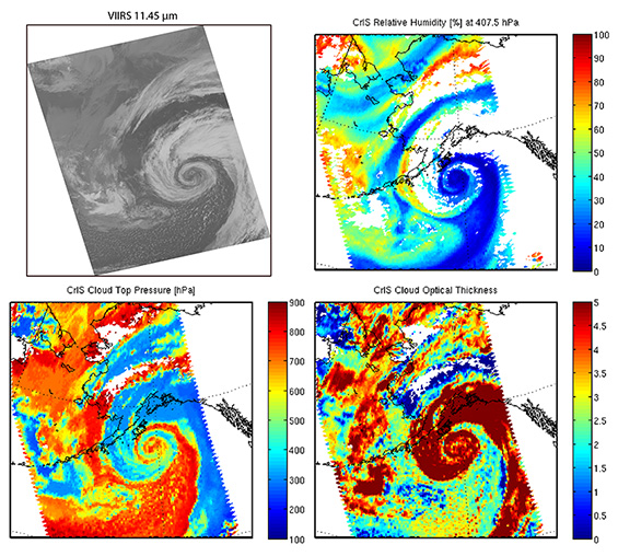 Figure 1. VIIRS 11.45 µm (I5) band, CrIS retrievals of relative humidity (at 400 hPa), cloud top pressure, and cloud optical thickness for a low-pressure system over the Gulf of Alaska on 26 September 2012.