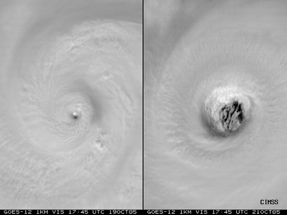 GOES-12 images of 2005 Hurricane Wilma. The left image shows Wilma on Oct 19 with a "pinhole eye" near the time of maximum intensity. Wilma then went through an eyewall replacement cycle and became a much larger storm. The right image shows Wilma 2 days later, just prior to making landfall in Mexico. 