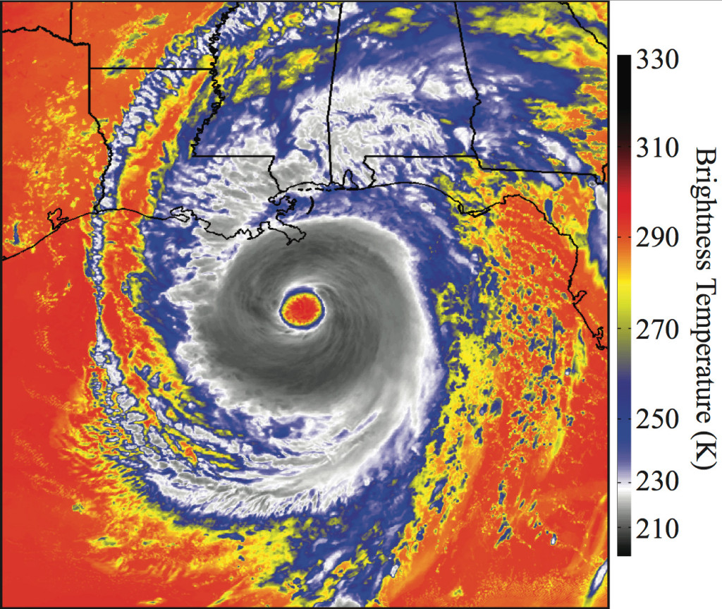 Synthetic satellite imagery of Hurricane Katrina as depicted by ABI 8.5 μm brightness temperatures, computed using data from a high- resolution WRF model simulation at 00 UTC on 29 August 2005. Credit: Jason Otkin.