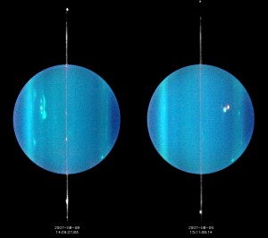 The Keck Uranus results are exemplified by this pair of color composite images from 8 and 9 August 2007. These color composite images display cloud bands and discrete cloud features on opposite sides of the planet. In both images, the south pole is at the left and the equator is directly under the grey rings of Uranus, here viewed nearly edge on. For full size image, click here. Credit for 2007 Images: Imke de Pater, University of California, Berkeley; Heidi Hammel, Space Science Institute; Lawrence Sromovsky and Patrick Fry, University of Wisconsin-Madison. Obtained at the Keck Observatory, Kamuela, Hawaii.