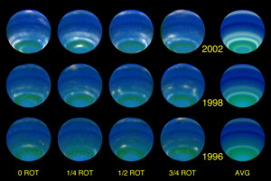 FIGURE 1. Click on the image above for a higher resolution image. These individual color composite images used HST filters F467M (467 nm), F673N (673 nm), and F850LP (850 nm–1000 nm) as blue, green, and red components, respectively. Each image component was also processed to reduce limb darkening and enhance contrast, and is a blend of several images taken at different longitudes. The images for each year were processed the same as for other years so that relative temporal changes are meaningful. The first four columns display views at 0, 1/4, 1/2, and 3/4 rotations, to show the distributions of discrete features. The last column displays the longitudinal average, showing that latitude bands near 30 S, 45 S, and 67 S, have increased dramatically in brightness. This image composite and rotational movies are available on the Space Telescope Science Institute Web page.
