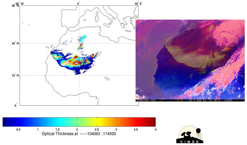 The retrieved dust optical thickness (left) and SEVIRI image (right) showing the dust storm (yellow to white) on 03 March 2004 over the Sahara Desert. Image Credit: Jun Li.