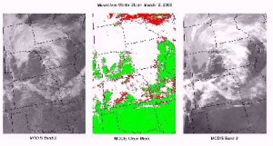 This set of images shows a typical Midwestern winter storm with an area of snow from a previous storm running SW to NE. Because of high spatial resolution and the many spectral channels of MODIS, we can more easily discriminate between clouds and snow on the ground. The cloud mask, an SSEC science data product, makes it possible for scientists to accurately discriminate between snow (white) and cloud (also white in Band 2, but whiter in Band 31). The cloud mask combines information from both bands. In the middle image, all that is white is cloud, whether snow covered or not.