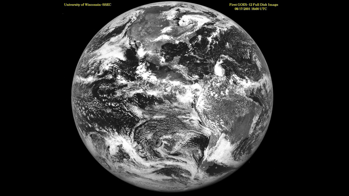 First full disk image from GOES-12 on 17 August 2001. Image Credit:  SSEC.