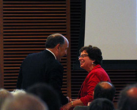 UW-Madison Chancellor Rebecca Blank greets Dr. Uccellini.