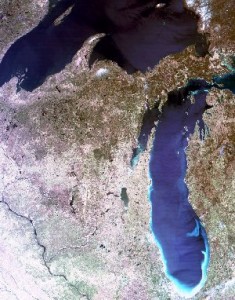 Acquired on April 24, 2000 at 1710 UTC (12:10 p.m. local time). This is a near true-color representation of the scene (Wisconsin, parts of surrounding states and Lakes Superior and Michigan), made by combining red, green, and blue image channels. Image resolution is 500 m per pixel.