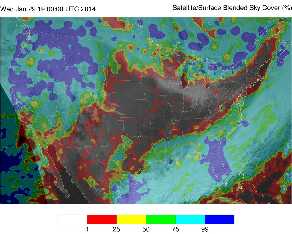 The blended sky cover analysis (foreground) from 29 January 2014 captures areas of thick cloud over the Pacific Northwest, Canada, and Florida (blue).  Snow cover under clear skies in the Great Lakes region is evident in the geostationary satellite visible image from 1:02 PM CST (background).  The analysis correctly does not classify snow cover as cloud, a common challenge when determining cloudiness using satellites. 