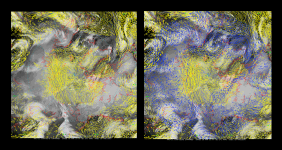 A team at the University of Wisconsin has generated high-quality Atmospheric Motion Vectors from LEO/GEO composite satellite images (shown at right, compared with the more visible "gap" in coverage at left). These could improve forecasting and numerical weather prediction. Photo credit: Matthew Lazzara