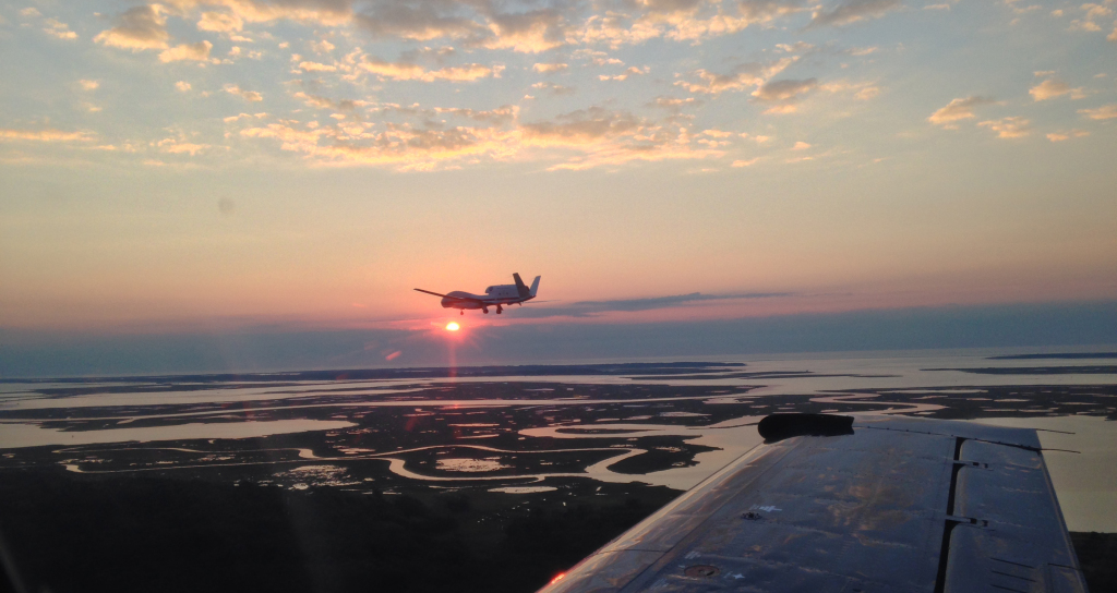 The NASA Global Hawk (AV-6) with SSEC's S-HIS instrument onboard returning to Wallops Island, VA, after an overflight of Hurricane Edouard. Photo Credit: NASA.