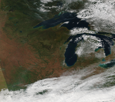 This image, showing a satellite’s view of the Great Lakes region, was created at SSEC using data collected by Suomi NPP VIIRS on Oct. 11, 2014.