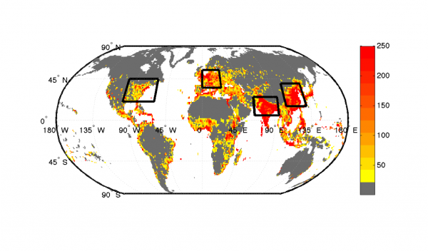 This figure, from Roman's 2014 Journal of Climate paper, shows the population density (population per square kilometers) for 2015 with regional boundaries. She chose to focus on regions with dense populations because of their potential for severe societal impacts. Image Credit: Jacola Roman.