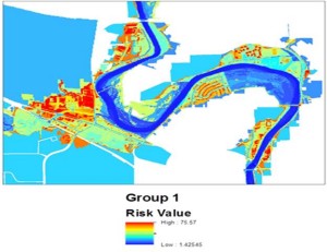 A geospatial representation of flood-response event risk based upon decision-makers’ priorities during flooding. Warmer colors represent higher risk values, and cooler colors represent lower risk values. Credit: Shane Hubbard, CIMSS