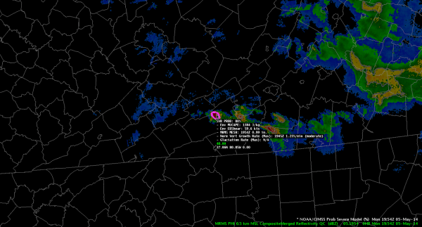 A ProbSevere display during a demonstration to National Weather Service forecasters on 5 May 2014 at the Hazardous Weather Testbed. Shown here at 1954 UTC, the model showed a probability of more than 80% for a thunderstorm in Virginia.  Credit: NOAA, CIMSS.