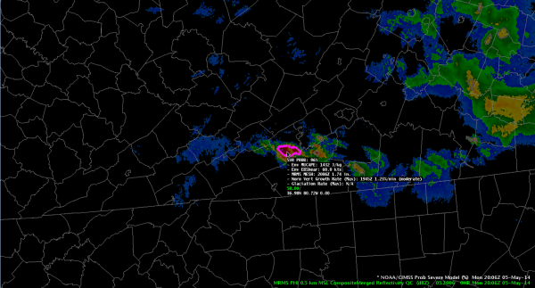 A ProbSevere display during a demonstration to National Weather Service forecasters on 5 May 2014 at the Hazardous Weather Testbed. Shown here at 2006 UTC, the model exceeds 90% probability. The NWS office in Blacksburg, VA issued a severe storm warning at 1952 UTC, and the storm went on to produce one inch of severe hail at 2009 UTC. Credit: NOAA, CIMSS.