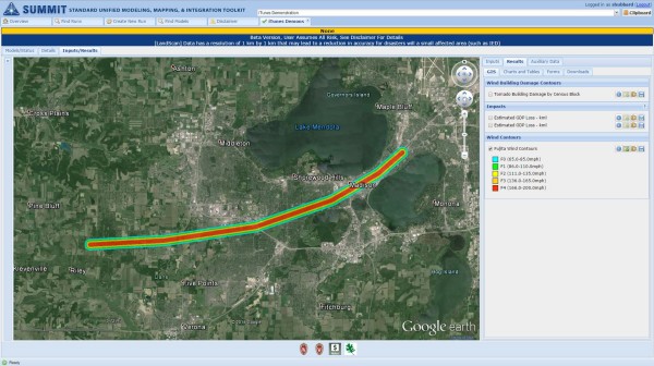 A new tornado model allows users to interactively create the tornado path using an interface based on Google Earth. The model then calculates the damages and losses of the simulated tornado. Credit: Shane Hubbard, CIMSS.