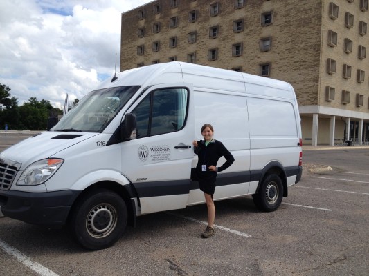 UW-Madison graduate student Michelle Feltz gets ready to drive a university vehicle used for transporting additional instrumentation and equipment for the SSEC Portable Atmospheric Research Center (SPARC). Credit: Sarah Witman, SSEC.