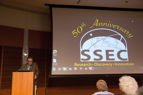 Don Johnson speaking at the Space Science and Engineering Center (SSEC) 50th anniversary program in September 2015. Credit: Bill Bellon, SSEC.