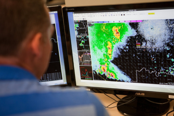 ProbSevere, a statistical storm-prediction model developed at SSEC, has been tested the past three years at NOAA’s Hazardous Weather Testbed in Norman, Oklahoma. Several SSEC scientists attended the testbed’s Spring Experiment this year. Credit: NOAA. 