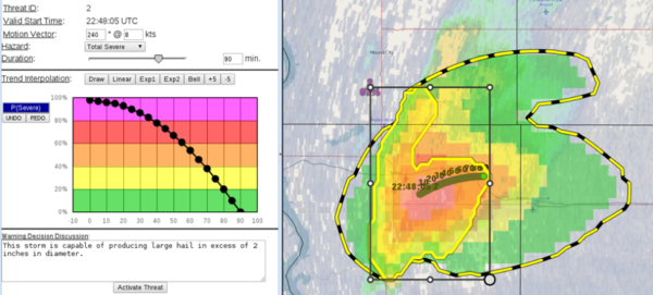 The ProbSevere model is heavily leveraged to generate probabilistic forecasts for severe weather hazards, such as large hail, being tested as part of the Experimental Warning Program. Credit: NOAA.