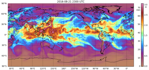 Global "morphed composite" satellite imagery of total precipitable water over both land and sea from August 21-22, created using the newly updated version of MIMIC-TPW. Click for animation.