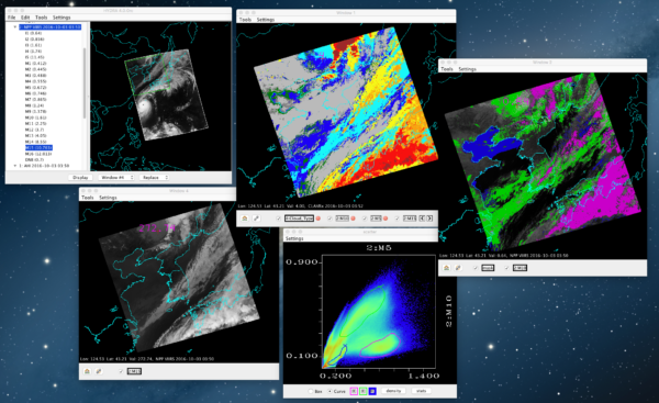 Example of multispectral analysis comparing SuomiNPP VIIRS SDRs with derived CLAVRx products taken from Strabala CSPP workshop in Korea. The statistical relationship between bands and/or band combinations can be examined for a given spatial scene selected as a subset from the full dataset (green box in main window). Users can interactively select clustered points in the scatter plot, say between bands with certain know absorption characteristics, and see their spatial relationship in the scene. The derived product can be co-located in the same or different window to provide insight into the algorithm's process. Image credit: Tom Rink, SSEC/CIMSS.