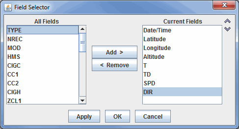 Image 2: Field Selector Window to Add or Remove Fields from the Point Data List Window