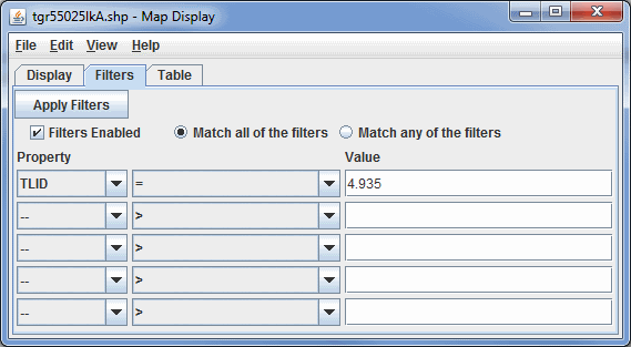 Image 2: Filters Tab of the Shapefile Display Properties Dialog