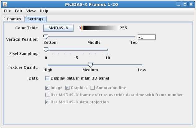 Image 2: Settings Tab of the McIDAS-X Bridge Controls Dialog