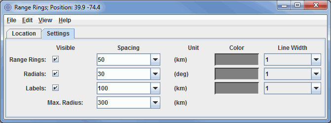 Image 2: Settings Tab of the Range Rings Properties Dialog