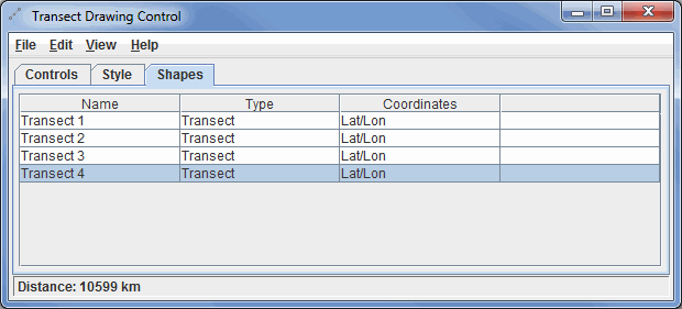 Shapes tab of the Transect Drawing Control window