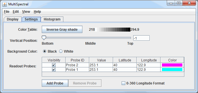 Image 3: Settings Tab of the MultiSpectral Display Controls Window