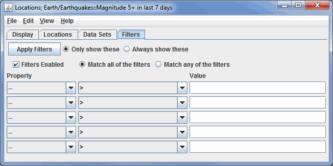 Image 4: Filters Tab of the Location Controls Dialog