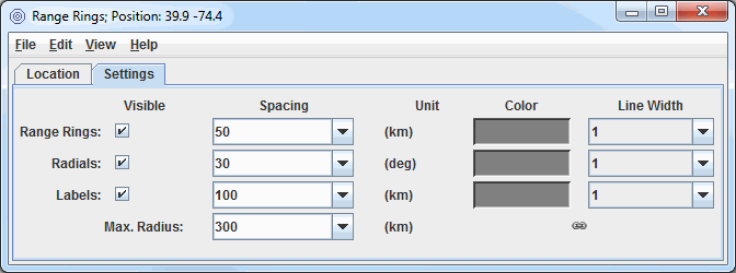 Image 2: Settings Tab of the Range Rings Properties Dialog