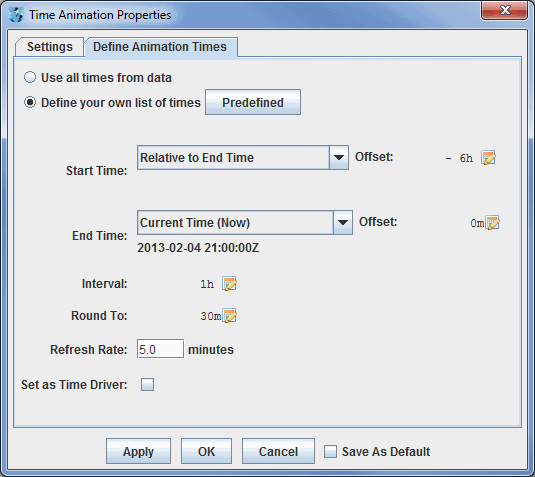Image 3: Define Animation Times Tab of the Time Animation Properties Dialog