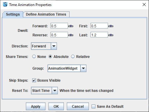 Image 2: Settings Tab of the Time Animation Properties Dialog