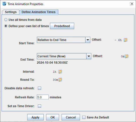 Image 3: Define Animation Times Tab of the Time Animation Properties Dialog