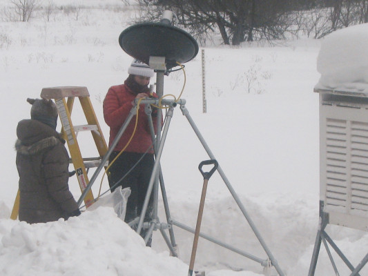 Claire Pettersen and Elin McIlhattan deploy the Micro Rain Radar at the Marquette National Weather Service Office in Michigan. Credit: Mark Kulie, CIMSS.