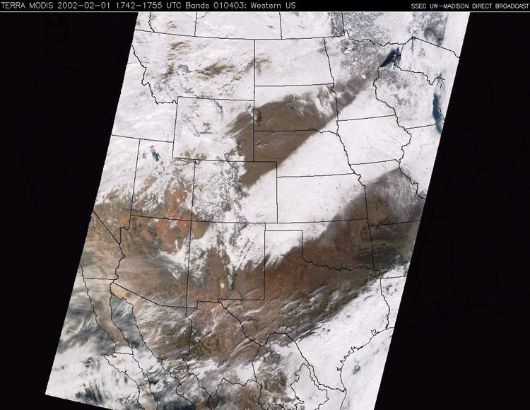 MODIS image showing a heavy band of snow across the Midwest