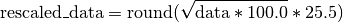 \text{rescaled\_data} = \operatorname{round}(\sqrt{\text{data} * 100.0} * 25.5)